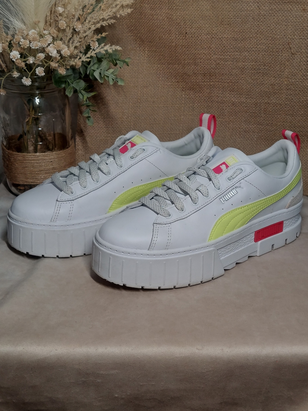 Puma Mayze Brighter Days Platform Sneakers White Neon Yellow Women's Size 9 UGC
